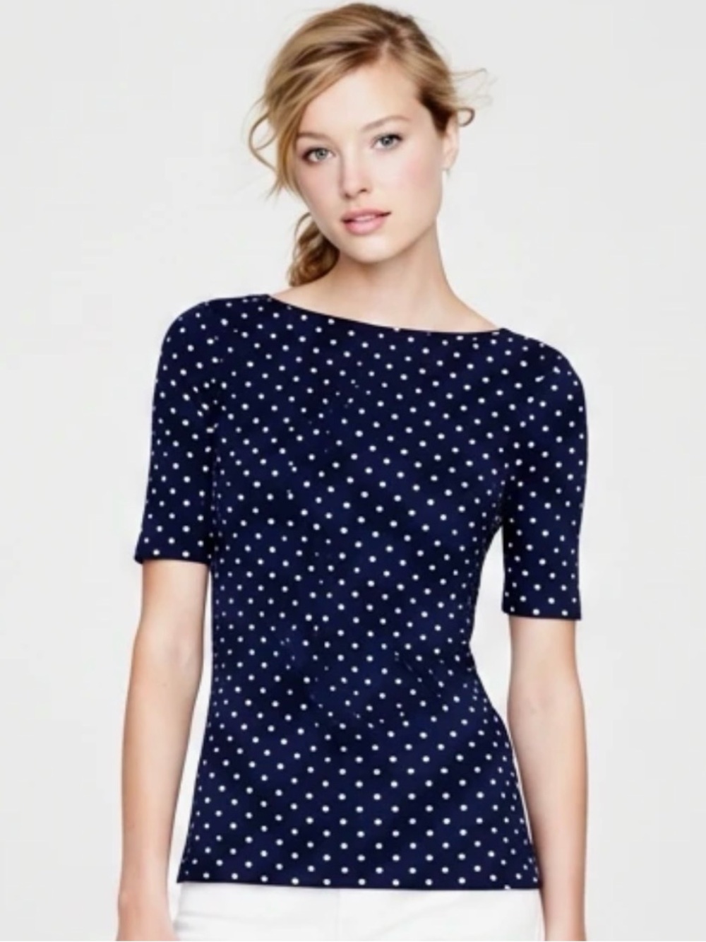 Ralph Lauren Navy Polka Dot 100% Cotton Knit Boatneck Short Sleeve Top Sz Small